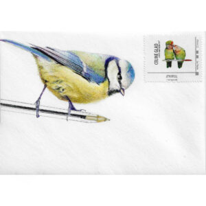 oiseau aux stylos Bic sur enveloppe